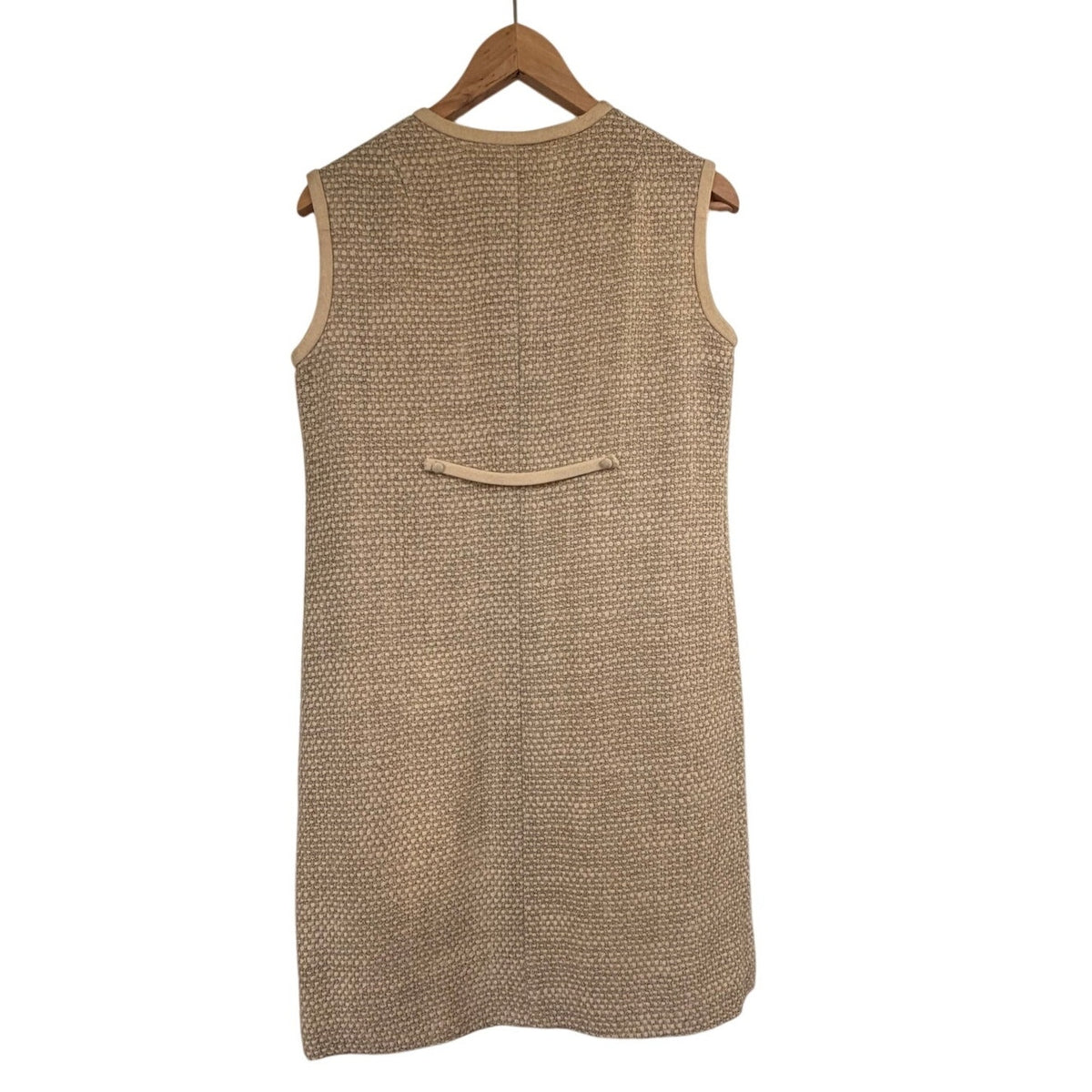 Vintage 60s Lanz Original Oatmeal Wool Sheath Dress Sleeveless Piped Lined S