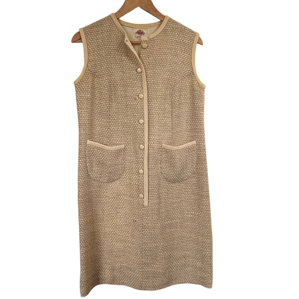 Vintage 60s Lanz Original Oatmeal Wool Sheath Dress Sleeveless Piped Lined S