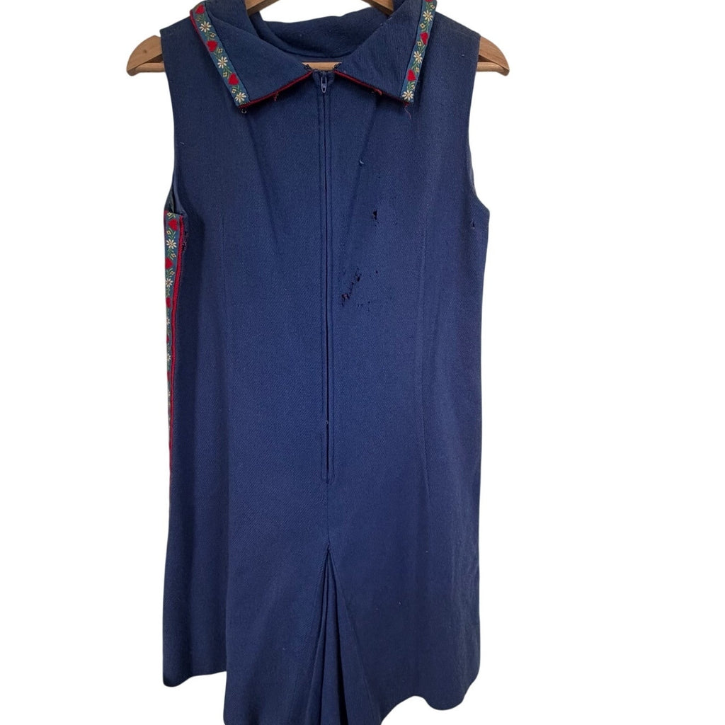 Vintage 60s Lanz Original Navy Wool Romper Edelweiss Trim Moth Folk Art