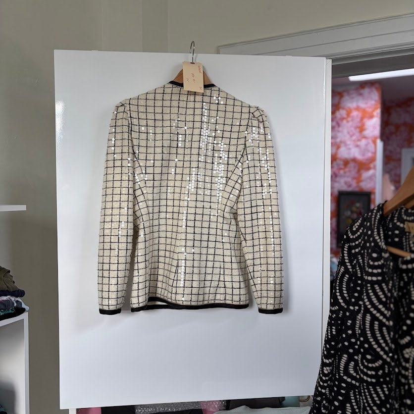 Vintage Razook’s Sequin Windowpane Power Blazer Gold Buttons Size 10 Made USA