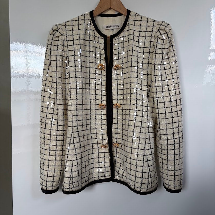 Vintage Razook’s Sequin Windowpane Power Blazer Gold Buttons Size 10 Made USA