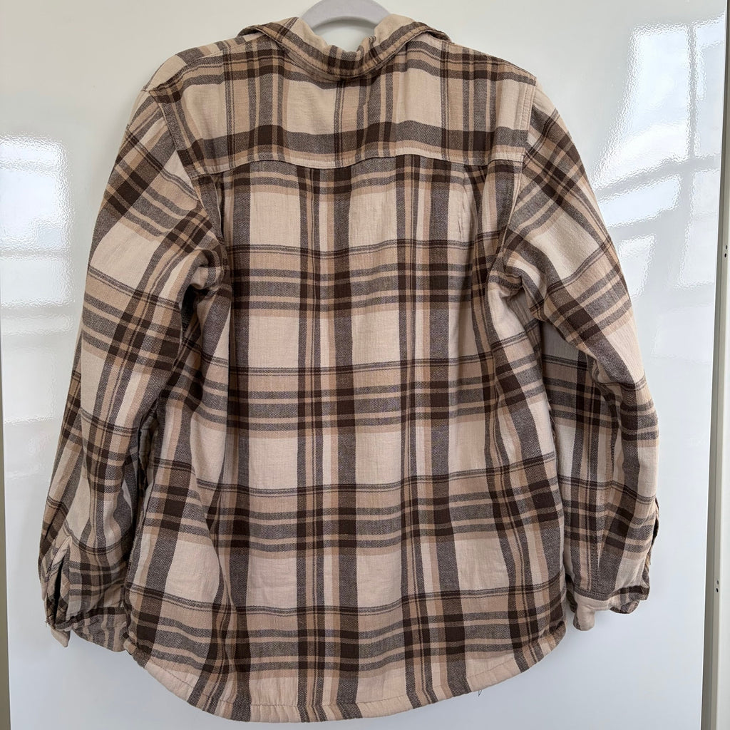 Wrangler Sherpa Lined Plaid Shacket Size M Cream Tan Brown Flannel Shirt Jacket