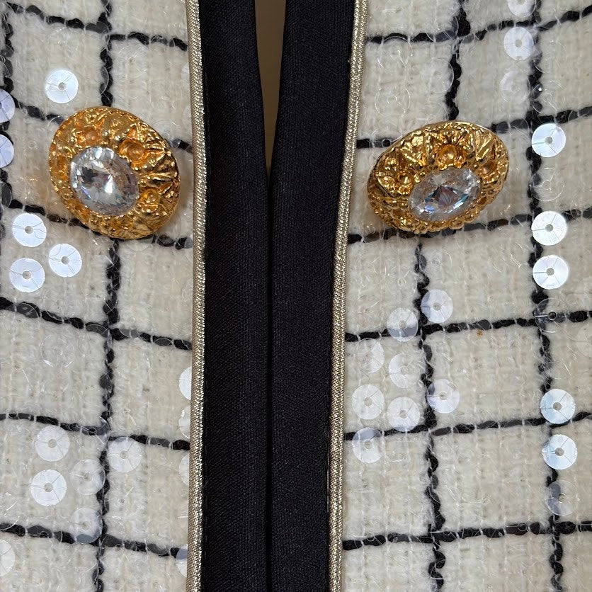 Vintage Razook’s Sequin Windowpane Power Blazer Gold Buttons Size 10 Made USA