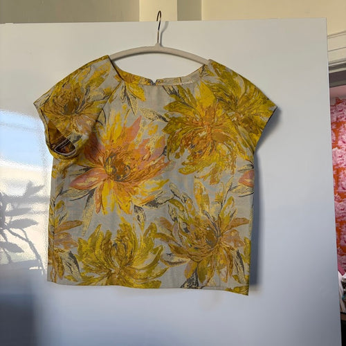 Alice + Olivia Floral Brocade Crop Top Gold Yellow Pink Made in USA