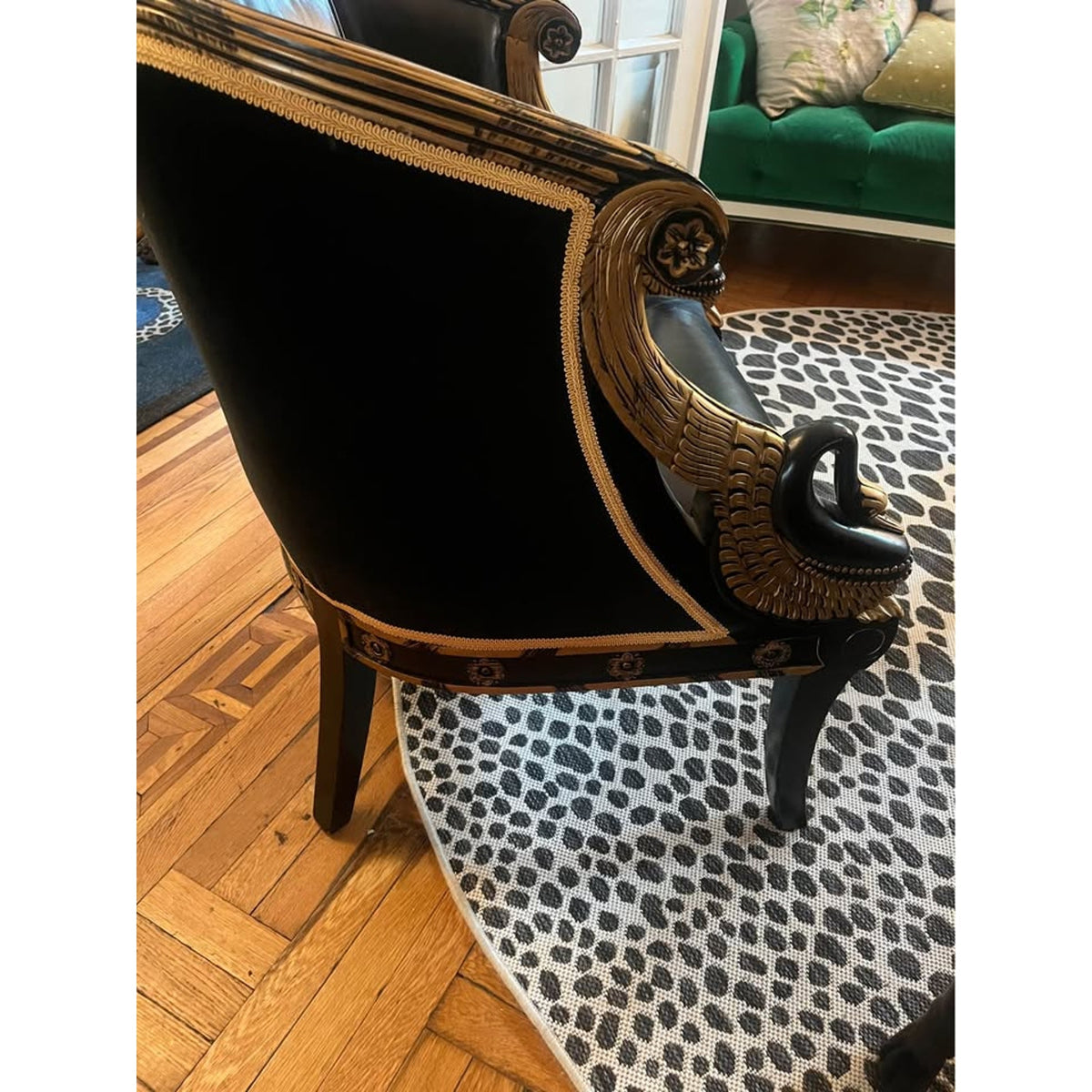 French Empire Bergère Chair | Black Leather + Ebonized Gilt Frame