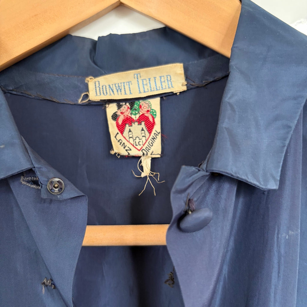 Vintage 1950s Lanz Original Bonwit Teller Navy Shirtwaist Dress Full Skirt XS