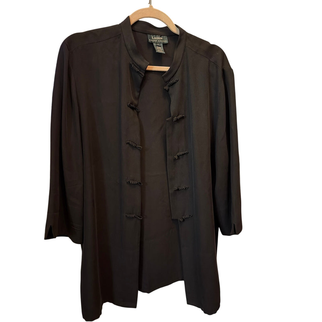 Vintage Lauren Ralph Lauren 100% Silk Black Mandarin Jacket Frog Closure L