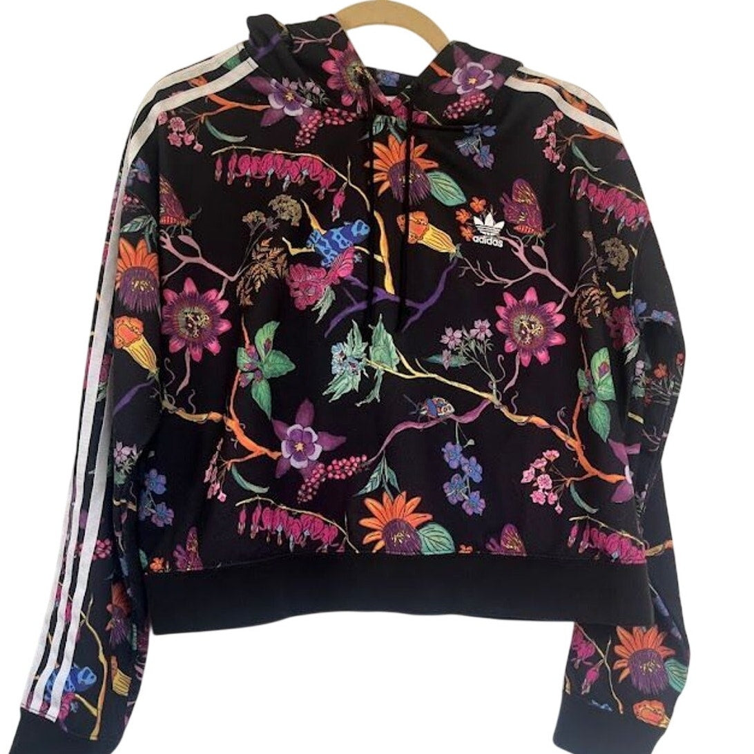 Adidas Poisonous Garden Floral Cropped Hoodie Sweatshirt Logo 3 Stripes RARE S