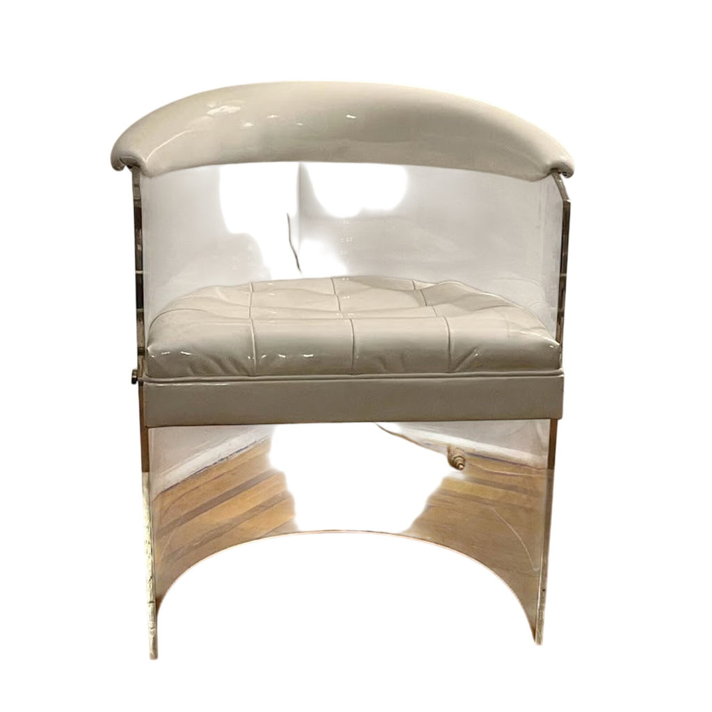 Sunday Pick Up - Hoboken Hollywood Regency Lucite Barrel Chair. White Tufted Patent Leather |70s
