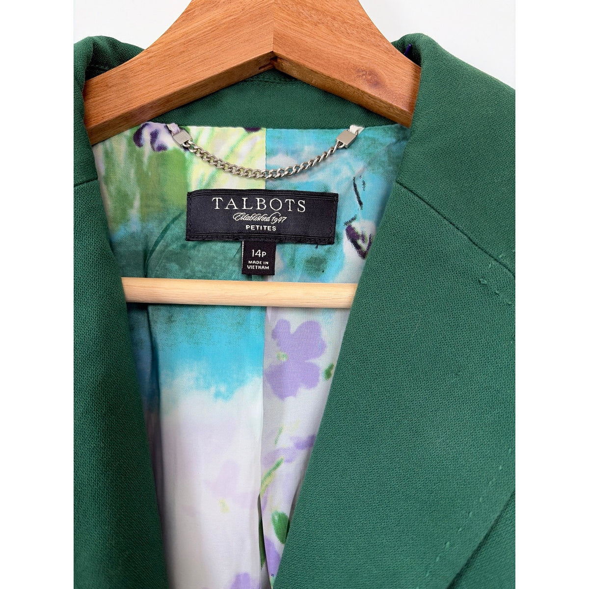 Talbots Petites Kelly Green Blazer Floral Lining Two Button Cotton Stretch 14P