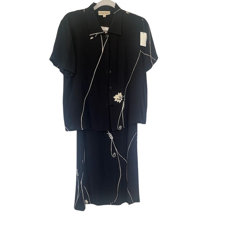 Vintage 90s David Dart Black Floral Rayon Dress Jacket Set Wedding Guest PM