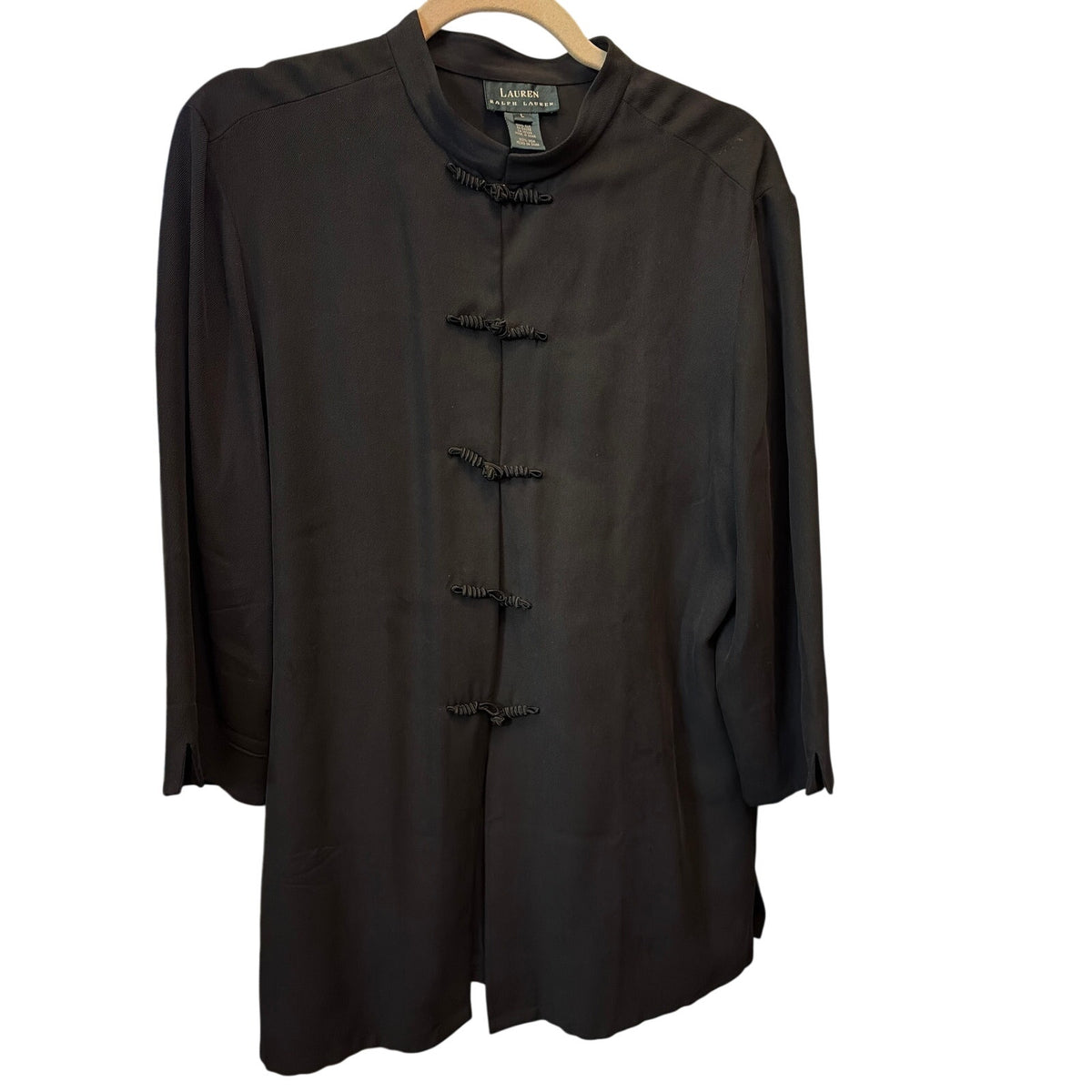 Vintage Lauren Ralph Lauren 100% Silk Black Mandarin Jacket Frog Closure L