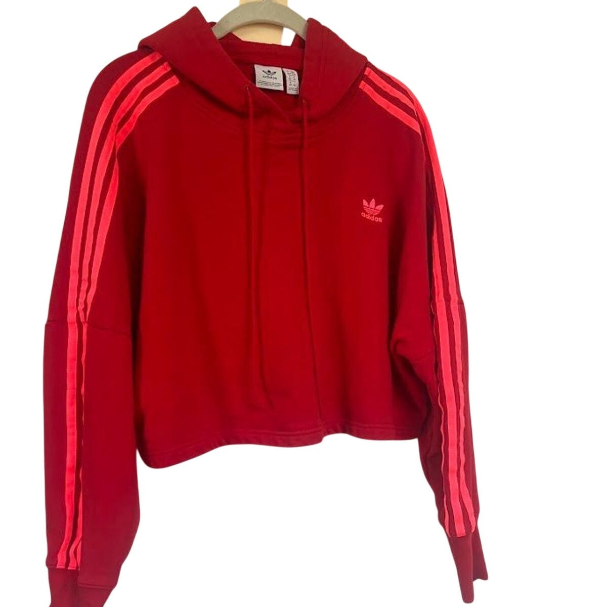 Adidas Originals Scarlet Red Cropped Hoodie Neon Pink Stripes Size M EJ9345