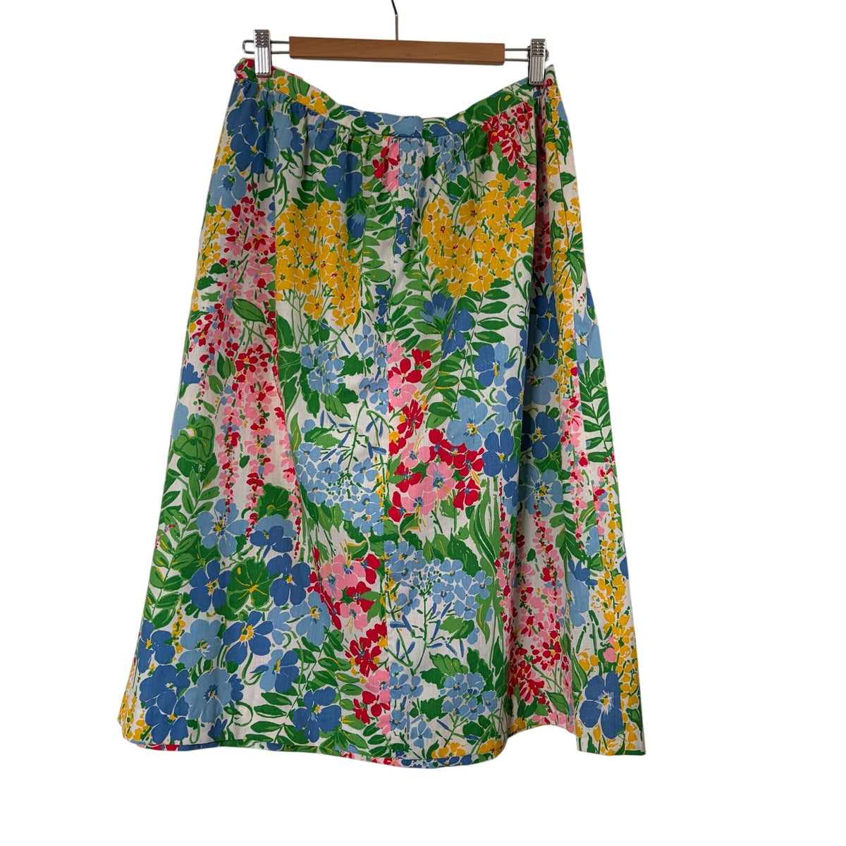 Vintage Bright Floral Midi Skirt with Pockets Gathered Waist Garden Print Womens