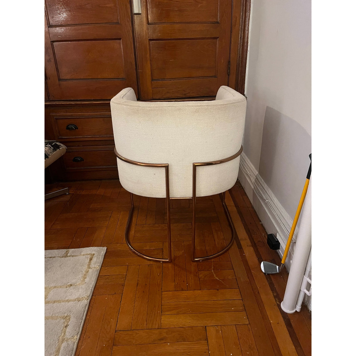 Sunday Pick. North Hoboken. Pair of Anthropologie Barrel Chairs. Rose Gold Frame