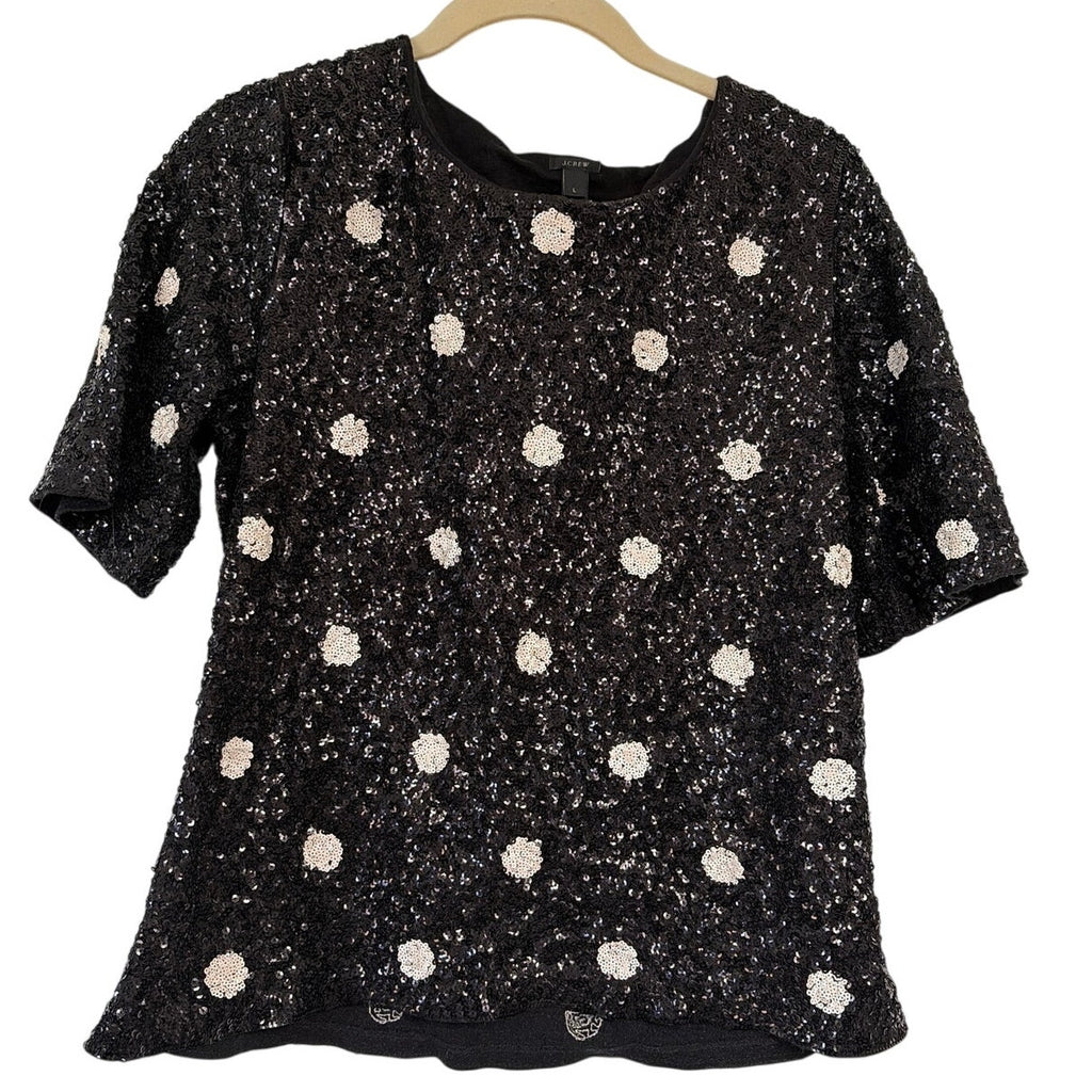 J.Crew Black Sequin Polka Dot Top Short Sleeve Holiday Party Blouse Womens L