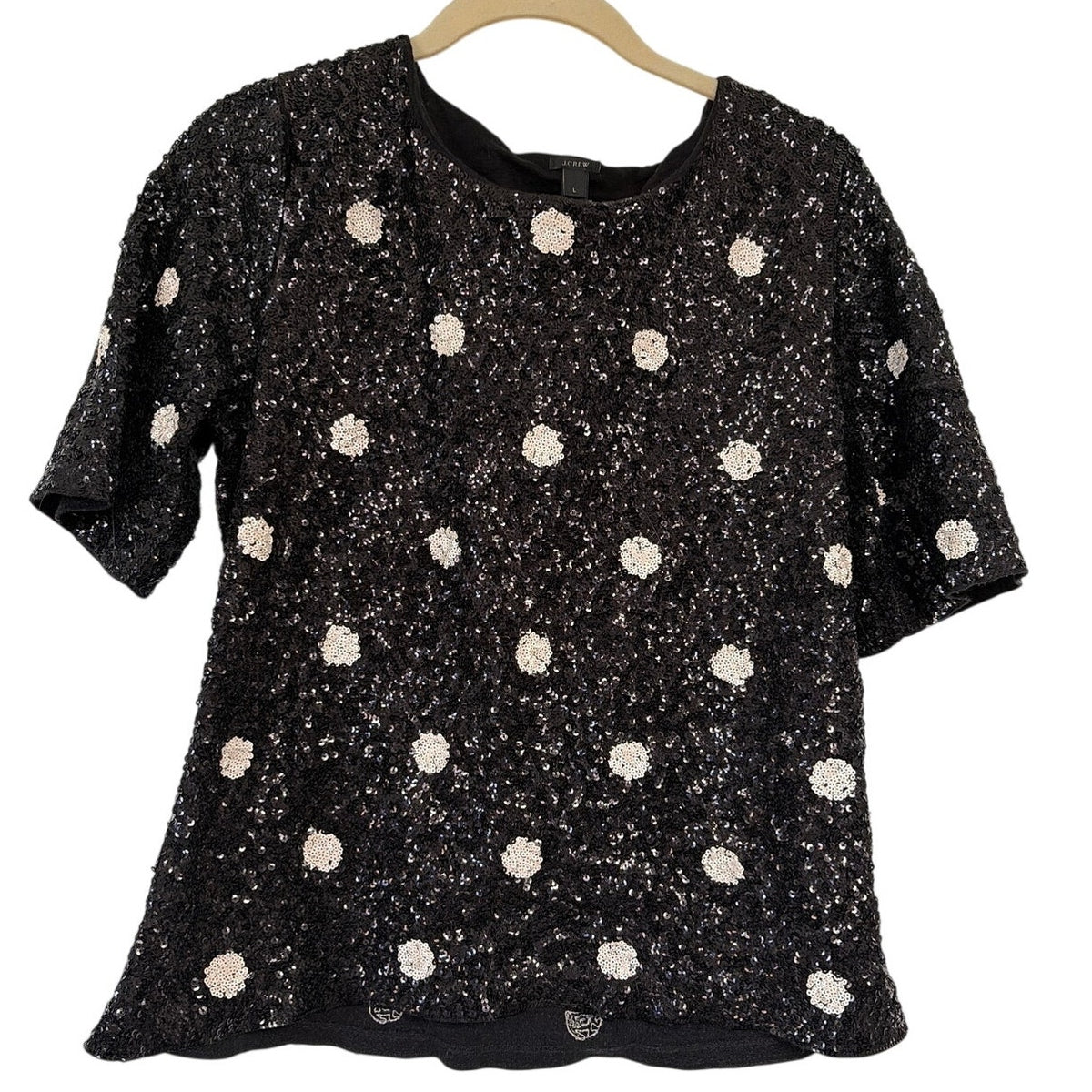 J.Crew Black Sequin Polka Dot Top Short Sleeve Holiday Party Blouse Womens L