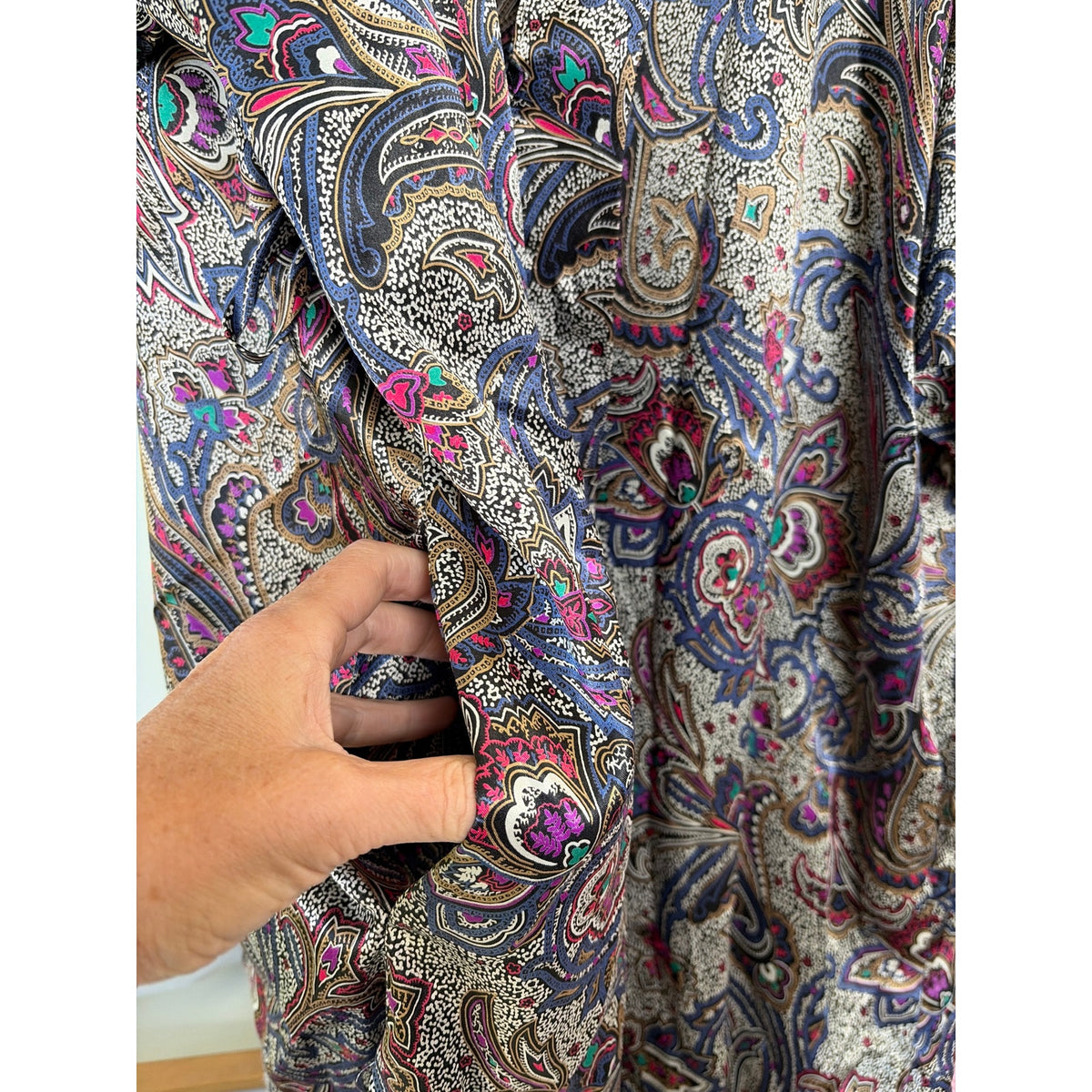 Vintage Marie Ellyse Paisley Maxi Robe Silky Long Dressing Gown Purple Womens L