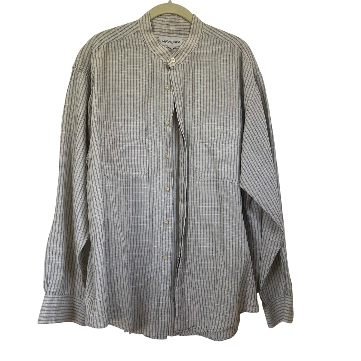 Vintage Yves Saint Laurent Mens Banded Collar Shirt Beige Striped Long Sleeve