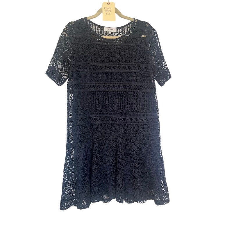 Reiss Navy Lace Midi Dress Wedding Guest Drop Waist Openwork Lined Size US 8