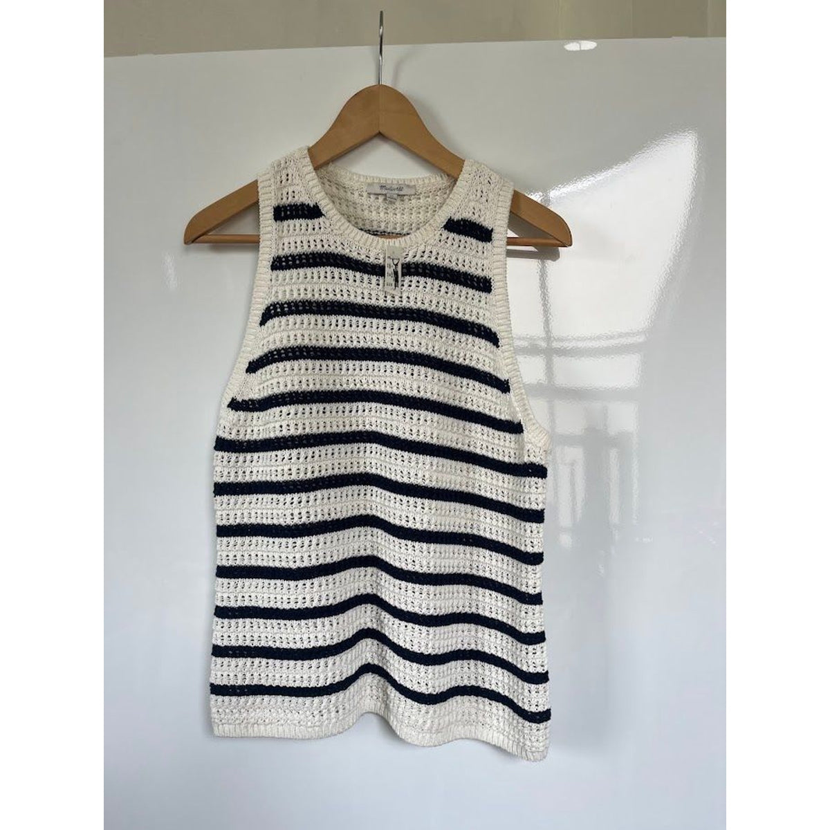 Madewell Crochet-Knit Crewneck Sweater Tank in Navy Stripe