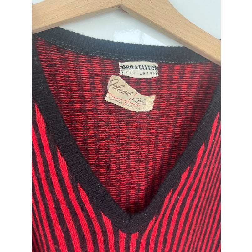 Vintage 80s Lord & Taylor Red Black Lambswool Sweater Post Punk New Wave