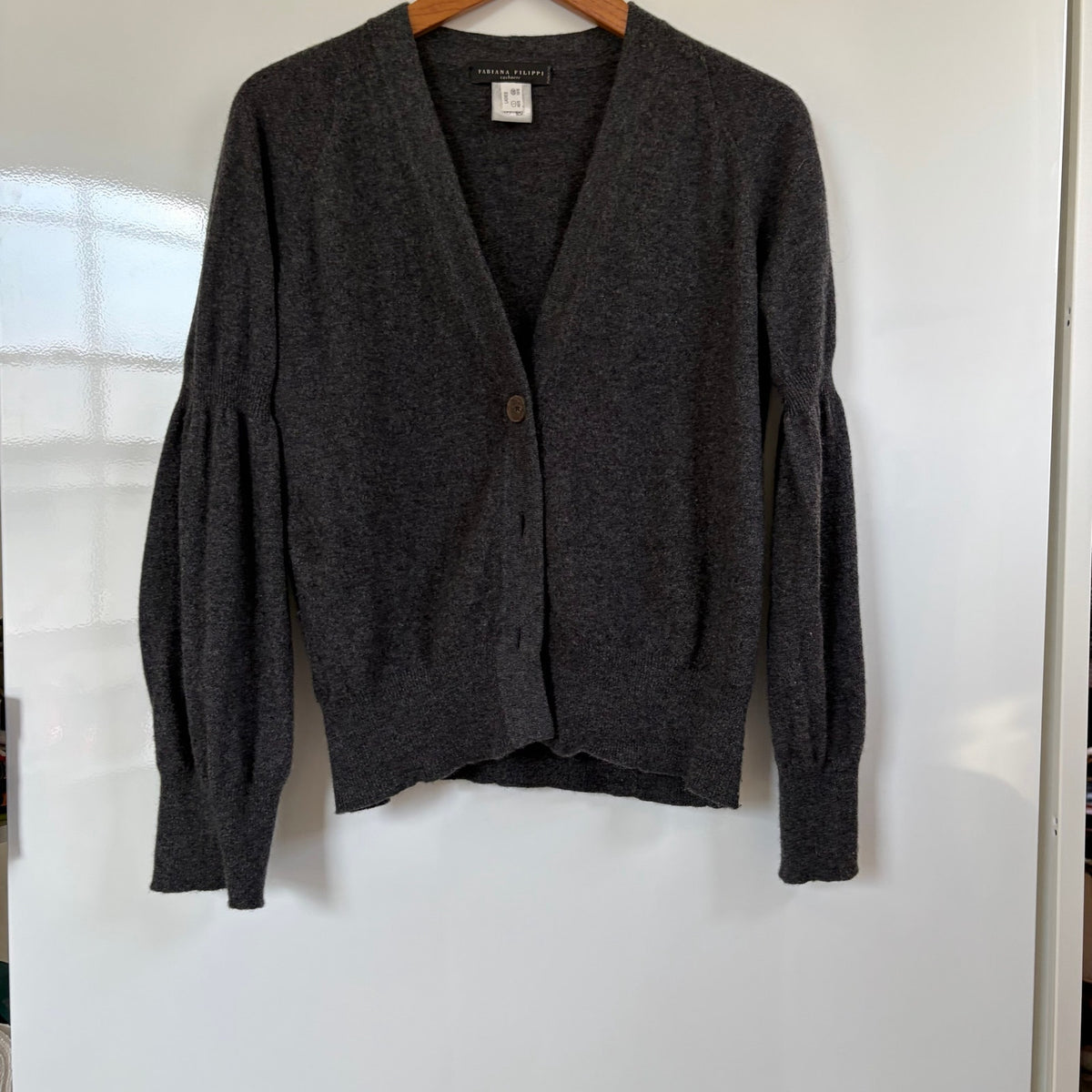 Fabiana Filippi 100% Cashmere Cardigan Charcoal Gray Puff Sleeve V-Neck IT 42