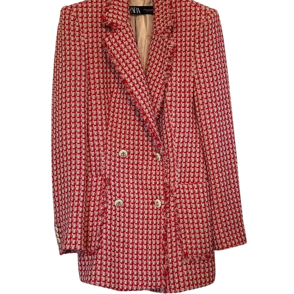 Zara Red Tweed Double Breasted Blazer Gold Buttons XS | Parisian Polish