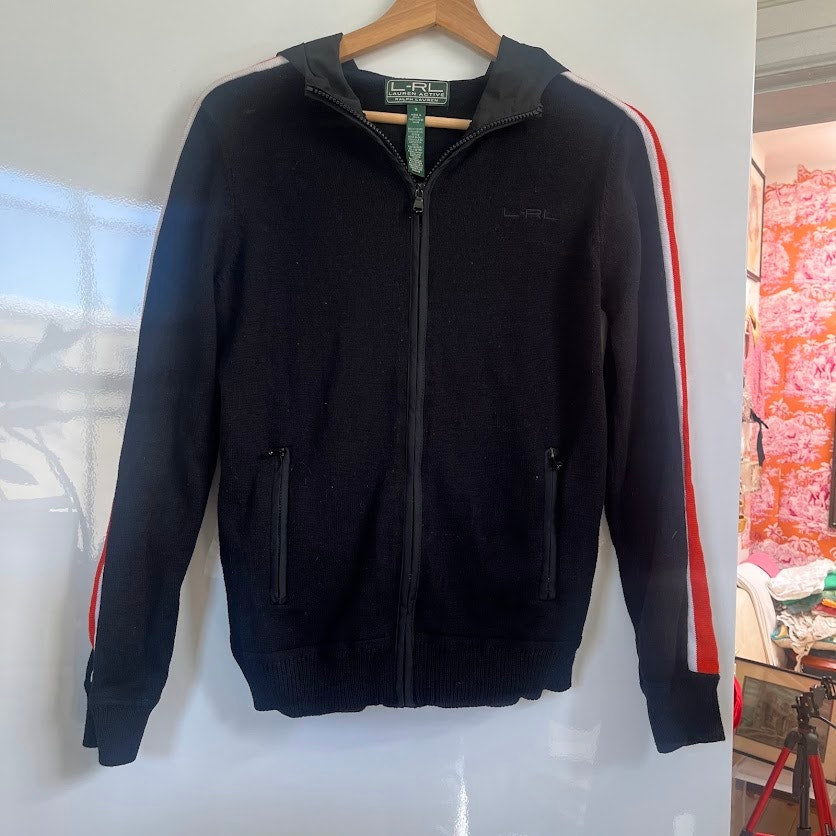 Lauren Ralph Lauren LRL Active Black Hooded Track Jacket Red White Stripe