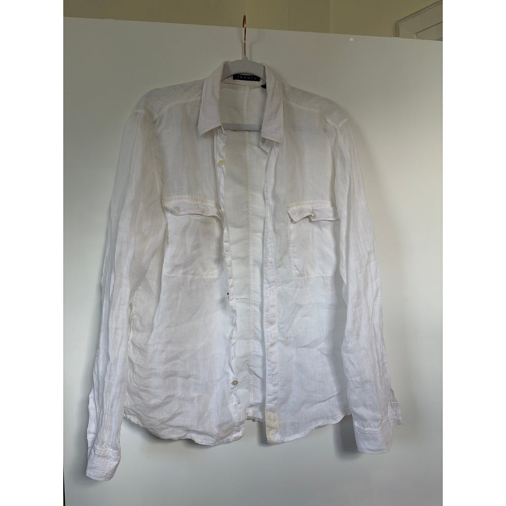 Theory Mens 100% Linen White Button Down Shirt Long Sleeve Chest Pockets