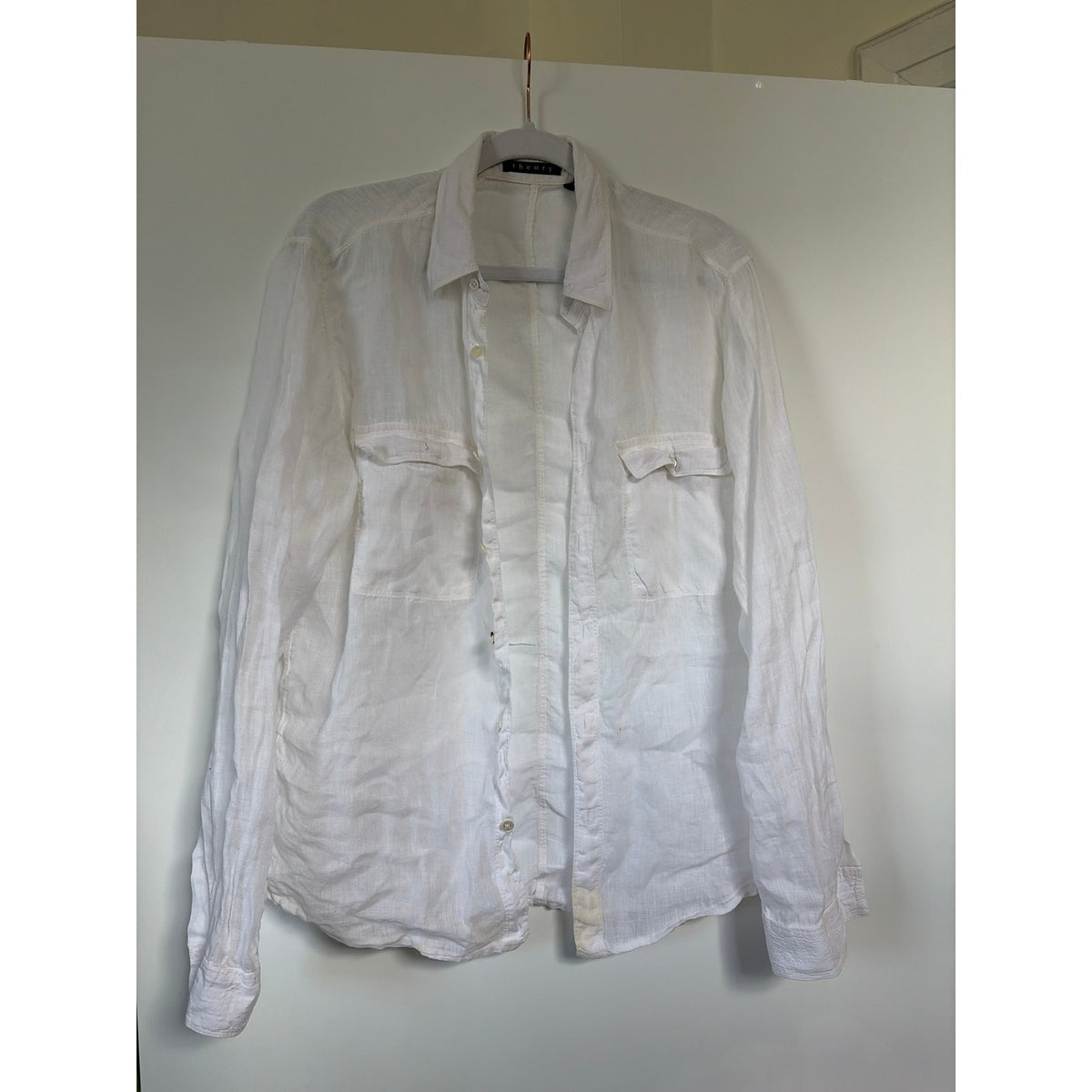 Theory Mens 100% Linen White Button Down Shirt Long Sleeve Chest Pockets