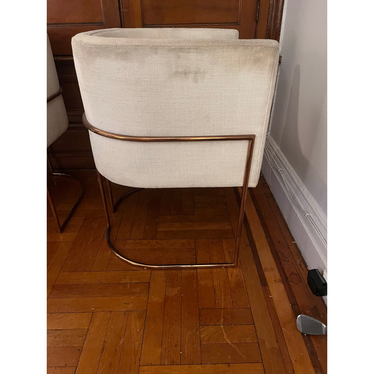 Sunday Pick. North Hoboken. Pair of Anthropologie Barrel Chairs. Rose Gold Frame