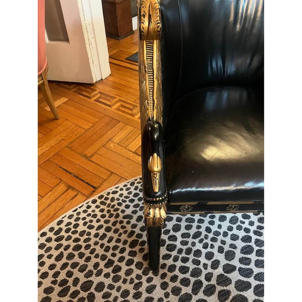 French Empire Bergère Chair | Black Leather + Ebonized Gilt Frame