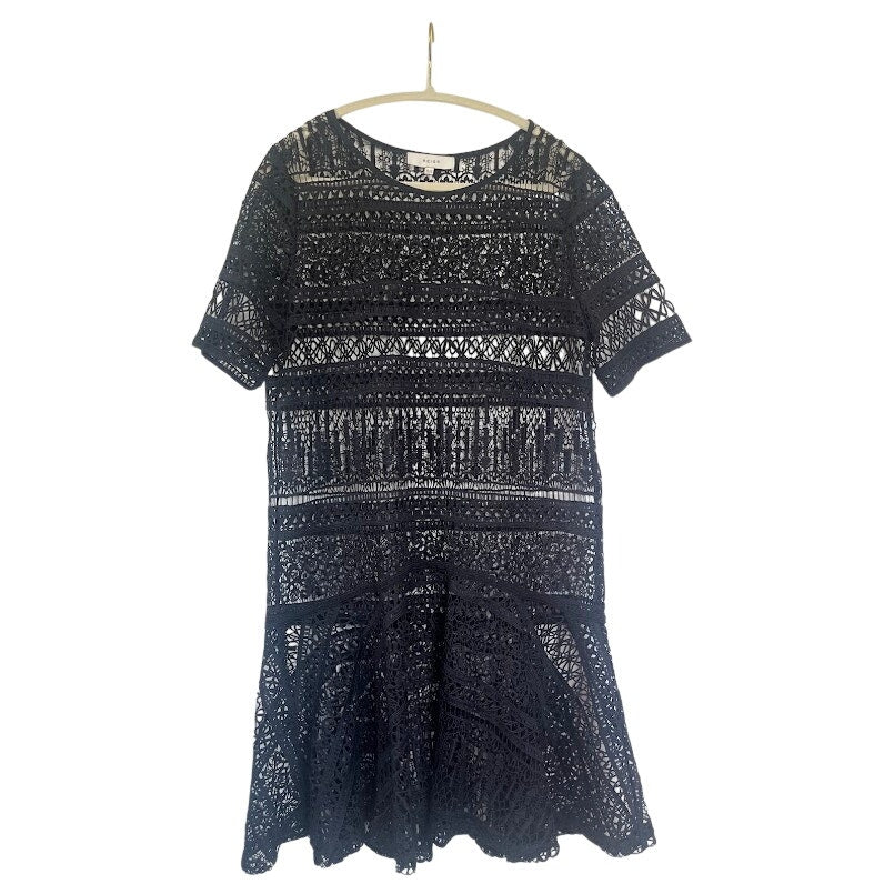 Reiss Navy Lace Midi Dress Wedding Guest Drop Waist Openwork Lined Size US 8