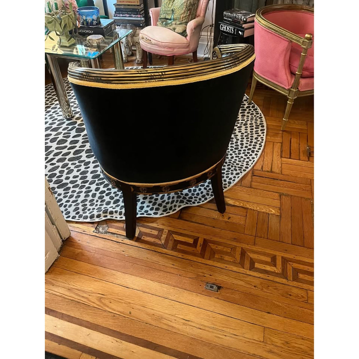 French Empire Bergère Chair | Black Leather + Ebonized Gilt Frame