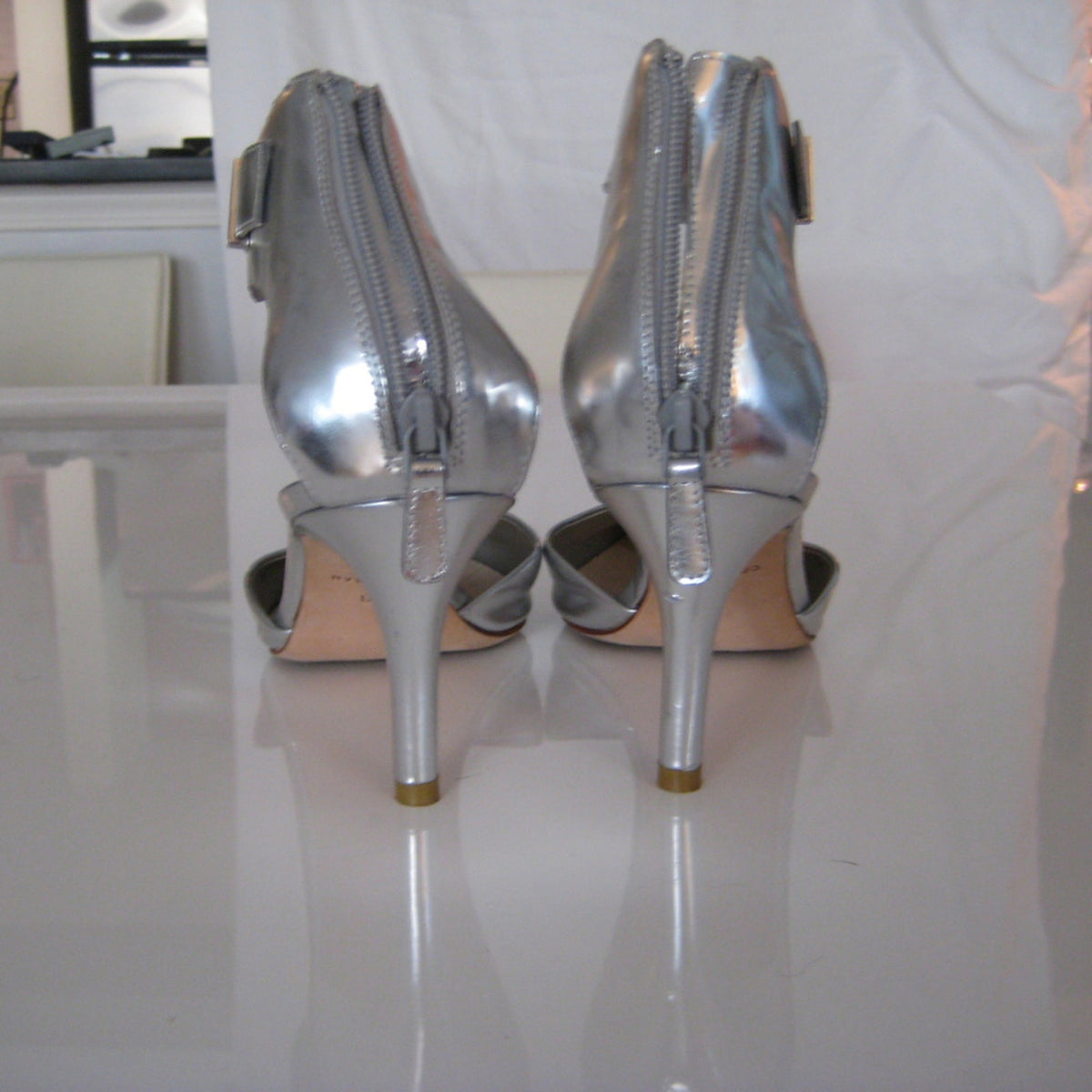 Cole Haan Grand.OS | Silver Metallic Bow Ankle Strap Heel | Size 9.5