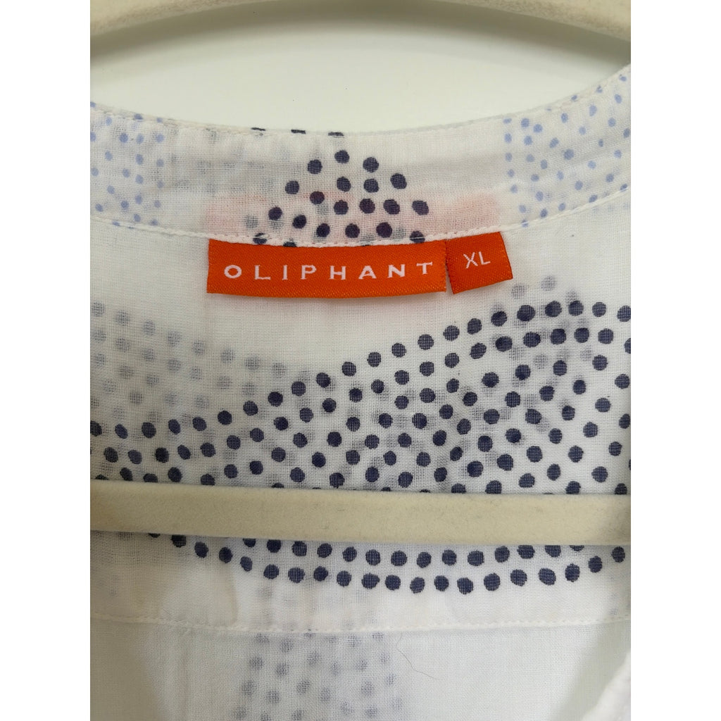 Oliphant Block Print Tunic White Blue Paisley Tassel Tie Neck Cotton Womens XL
