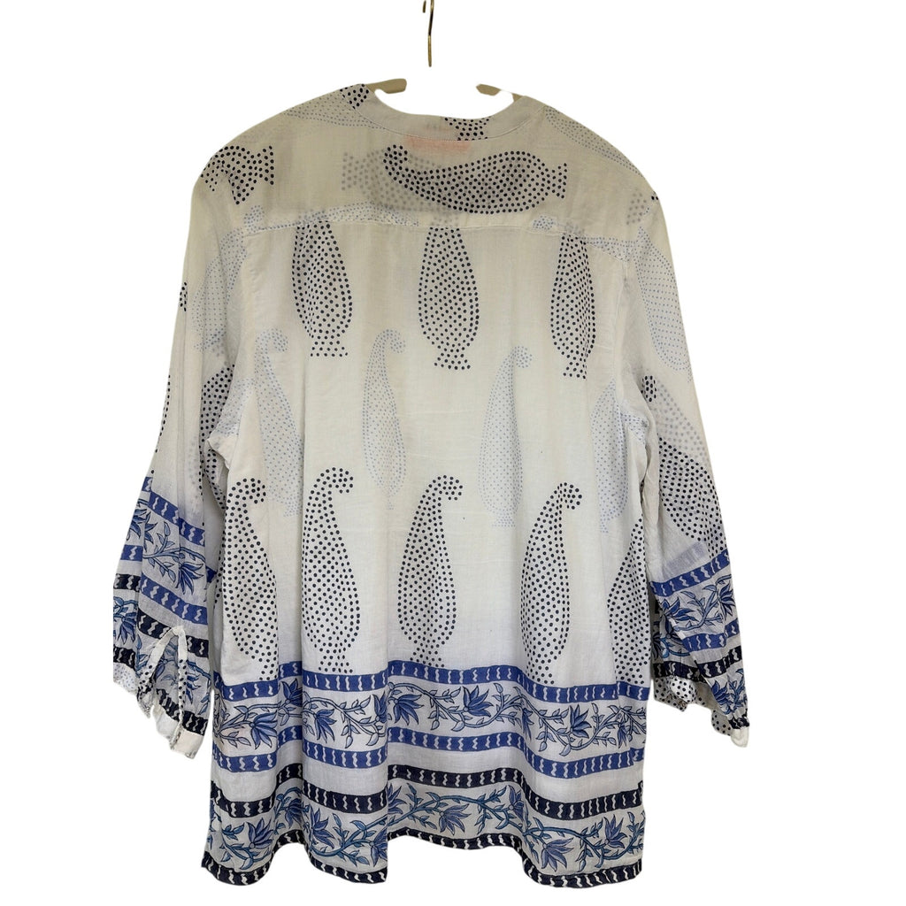 Oliphant Block Print Tunic White Blue Paisley Tassel Tie Neck Cotton Womens XL