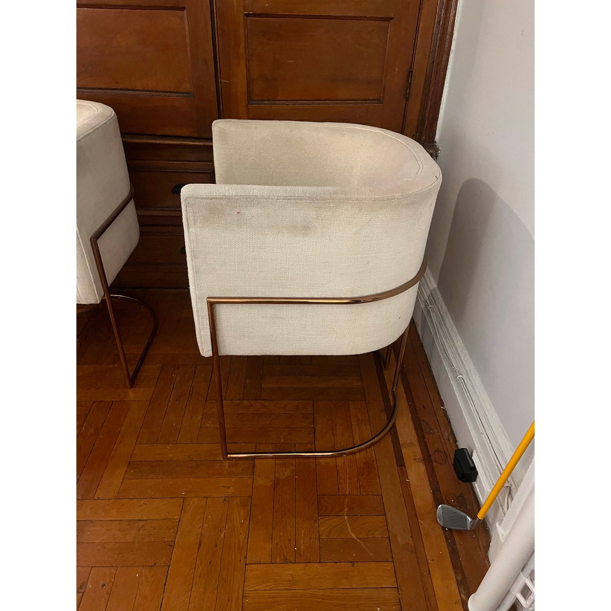 Sunday Pick. North Hoboken. Pair of Anthropologie Barrel Chairs. Rose Gold Frame