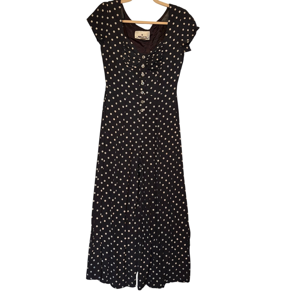 Vintage 80s Mica Polka Dot Wide Leg Jumpsuit Lace Buttons | Retro Romance