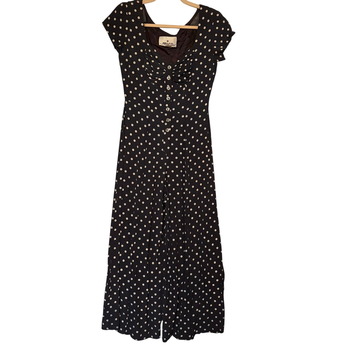 Vintage 80s Mica Polka Dot Wide Leg Jumpsuit Lace Buttons | Retro Romance