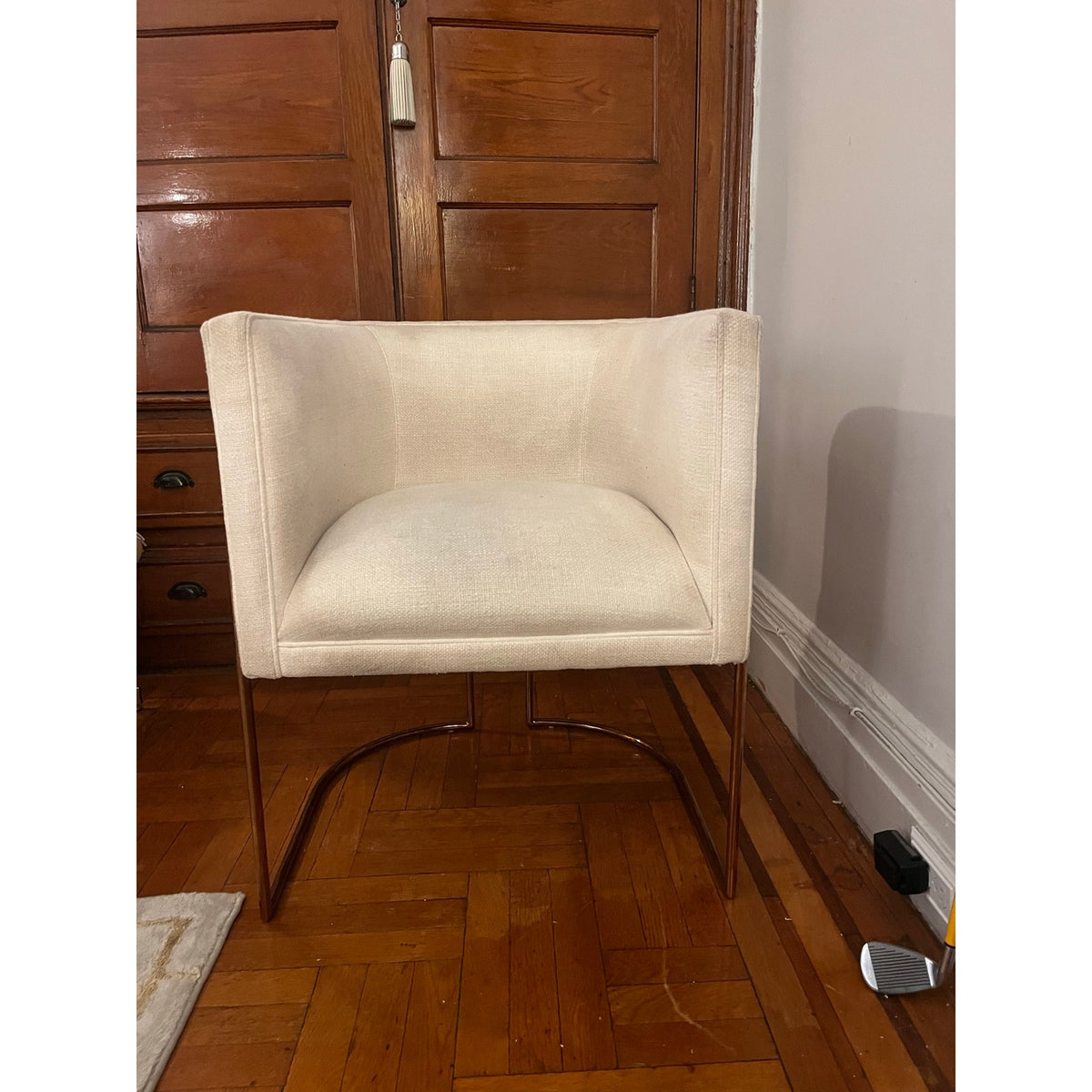 Sunday Pick. North Hoboken. Pair of Anthropologie Barrel Chairs. Rose Gold Frame
