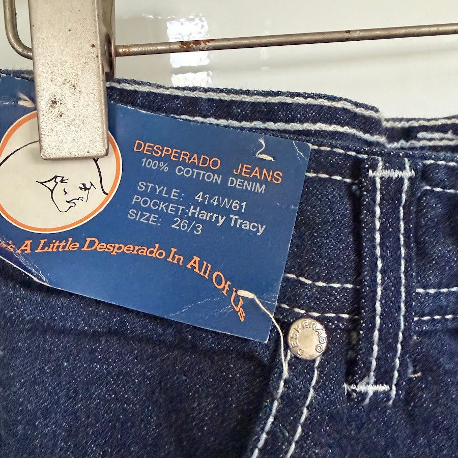 NOS Deadstock Vintage 70s Desperado Harry Tracy Cinch Back Flare Jeans 26