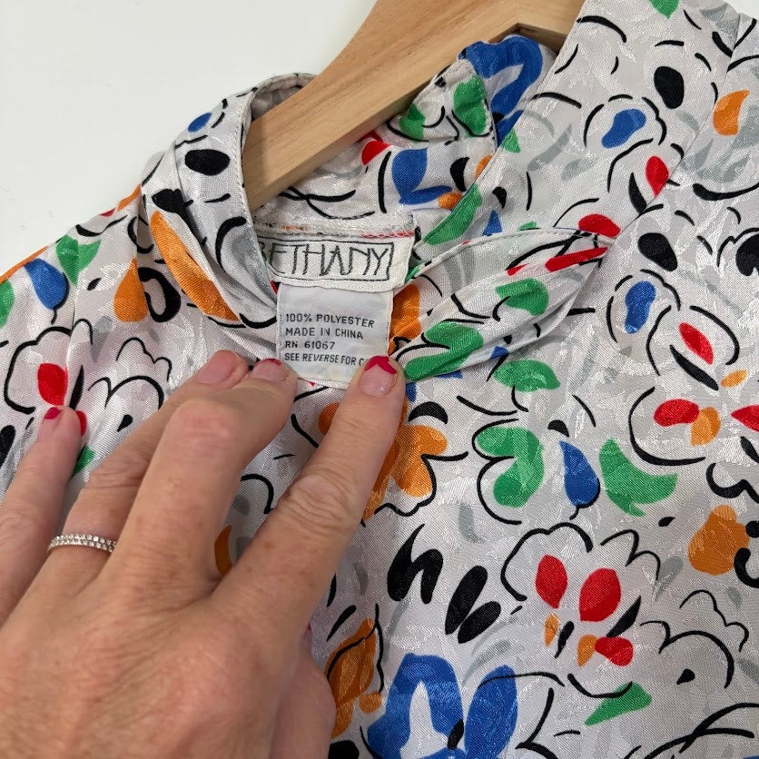 Vintage 80s Bethany Floral Mock Neck Blouse Power Dressing Abstract Print