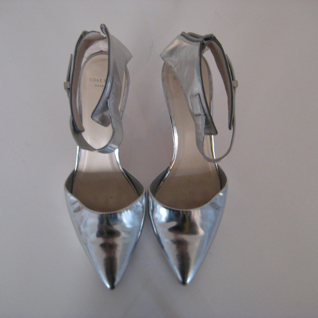 Cole Haan Grand.OS | Silver Metallic Bow Ankle Strap Heel | Size 9.5