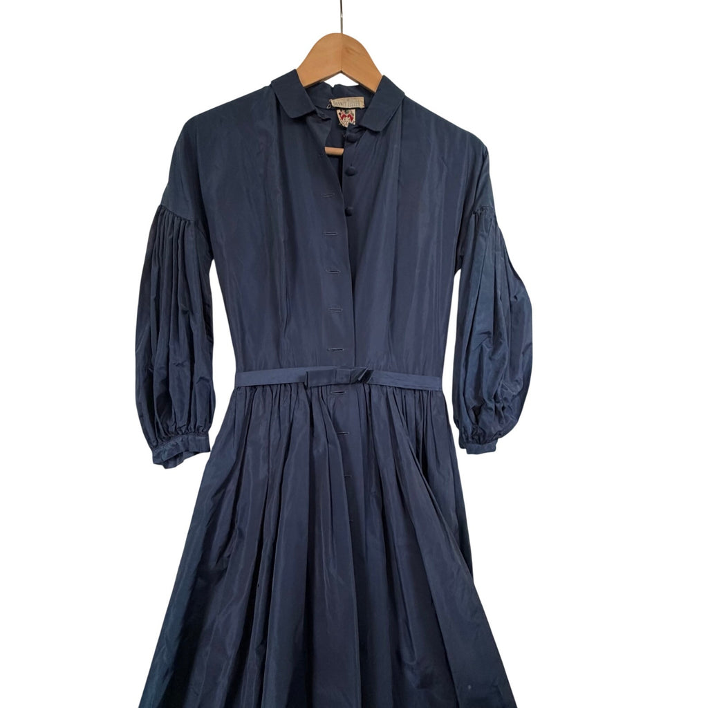 Vintage 1950s Lanz Original Bonwit Teller Navy Shirtwaist Dress Full Skirt XS