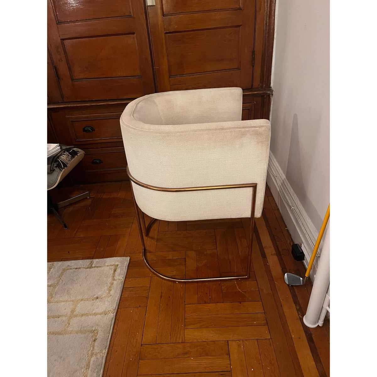 Sunday Pick. North Hoboken. Pair of Anthropologie Barrel Chairs. Rose Gold Frame