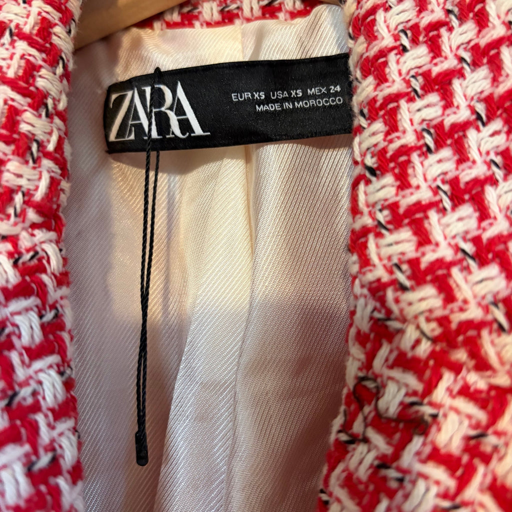 Zara Red Tweed Double Breasted Blazer Gold Buttons XS | Parisian Polish