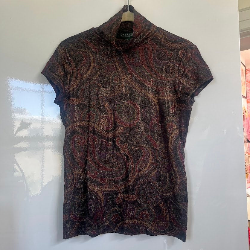 Lauren Ralph Lauren Autumn Paisley Shimmer Mock Neck Cap Sleeve Top S
