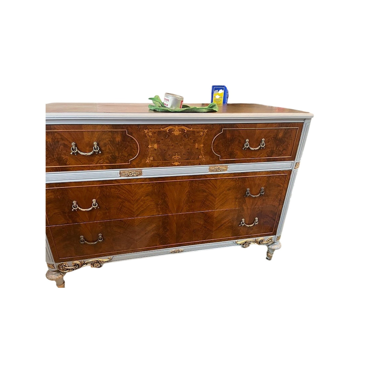 French Louis XVI Style Dresser | Grey Painted + Burled Walnut | 3 Drawer